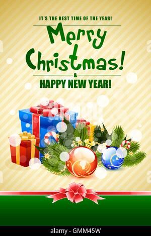 Christmas Card with Fir Twigs and Decorations Stock Vector