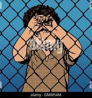 Child boy refugee migrants behind bars the prison boundary Stock Vector