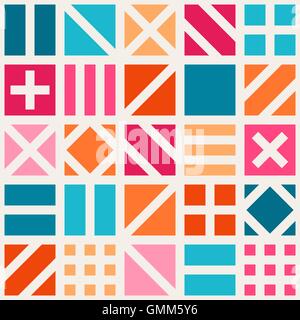 Vector Seamless Geometric Square Irregular Quilt Tiling Pattern in Pink Blue and Orange Stock Vector
