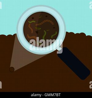 Magnifying glass enlarging the worm and other small body on the earth. Elements with vertical and horizontal lines. Stock Vector