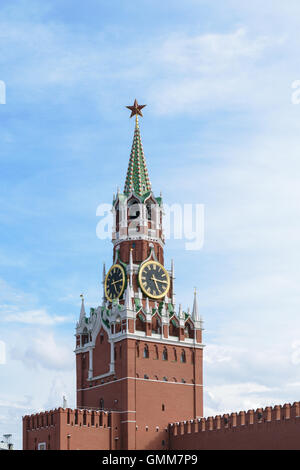 Moscow, Russia - July 07, 2016: Kremlin Spasskaya tower with a bell tower, a star and the Courant Clock (big clock) Stock Photo