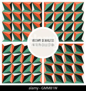 Set of Four Vector Seamless Geometric Triangle Patterns in Green and Orange Shading Stock Vector