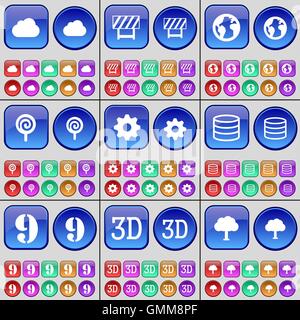 Cloud, Barrier, Earth, Lollipop, Gear, Database, Nine, 3D, Tree. A large set of multi-colored buttons. Vector Stock Vector