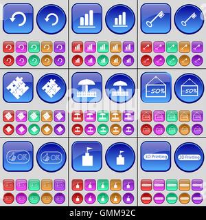 Reload, Diagram, Key, Puzzle, Umbrella, Discount, Like, Flag tower, 3D Printing. A large set of multi-colored buttons. Vector Stock Vector