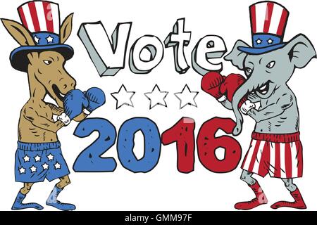 Vote 2016 Donkey Boxer and Elephant Mascot Cartoon Stock Vector