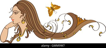 Exotic Lady Ornamental Hair Flying Stock Vector