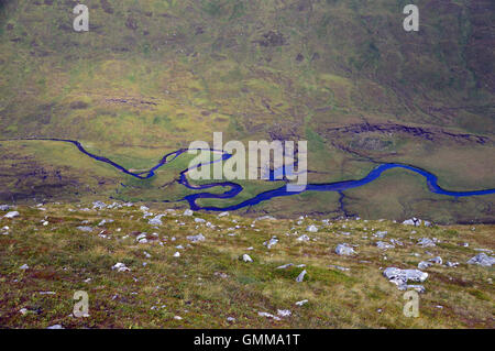 The Meandering Allt Garbh from the Slopes of the Scottish Mountain Corbett Aonach Shasuinn in Glen Affric, Scottish Highlands Stock Photo
