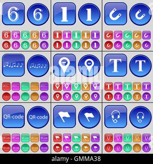 Six, One, Magnet, Note, Checkpoint, Font, QR-code, Flag, Headphones. A large set of multi-colored buttons. Vector Stock Vector