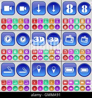Film camera, Arrow down, Eight, Parking, 3D, Contact, Cigarette, Checkpoint, Battery. A large set of multi-colored buttons. Vect Stock Vector