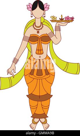 Lady Going For Pooja (Worship) Carrying Flower, Diya (Oil Lamp) Stock Vector