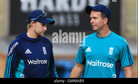 England's Joe Root chats with former England captain Michael Vaughan during a nets session at Lord's, London. Stock Photo