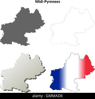 Midi-Pyrenees blank detailed outline map set Stock Vector