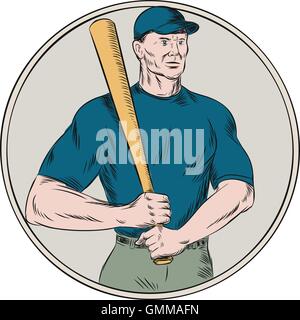 Baseball Player Batter Holding Bat Etching Stock Vector