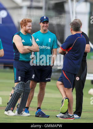 England's Jonny Bairstow (left) chats with former England captain Michael Vaughan during a nets session at Lord's, London. Stock Photo