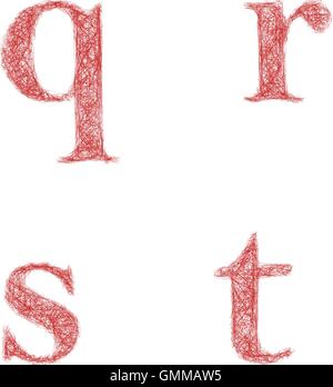 Red sketch font set - lowercase letters q, r, s, t Stock Vector