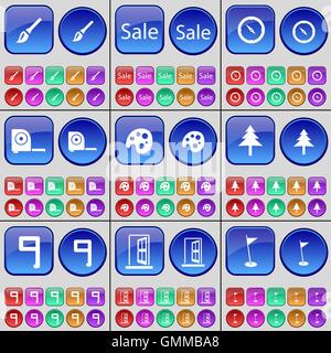 Brush, Sale, Compass, Tape measure, Palette, Fir tree, Nine, Door, Golf hole. A large set of multi-colored buttons. Vector Stock Vector