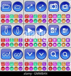 Folder, Disk, Camera, Tie, Media play, Speaker, Go, Arrow down, Magnifying glass. A large set of multi-colored buttons. Vector Stock Vector