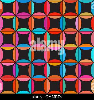 Vector Seamless Colorful Circle Star Quilt Tiling Pattern on Dark Background Stock Vector