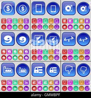 Dollar, Tablet, Gramophone, Nine, Monitor, Swing, Graph, List, Dislike. A large set of multi-colored buttons. Vector Stock Vector