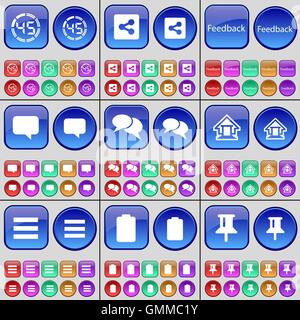 Countdown, Share, Feedback, Chat bubble, House, List, Battery, Pin. A large set of multi-colored buttons. Vector Stock Vector