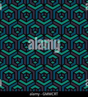 Vector Seamless Isometric Triangle Cube Hexagonal Pattern in Purple Blue and Teal Colors Stock Vector