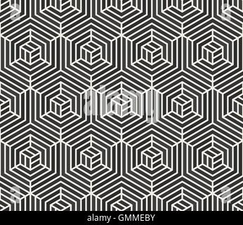 Vector Seamless  Black and White Stripes Line Geometric Hexagonal Optical Illusion Pattern Stock Vector