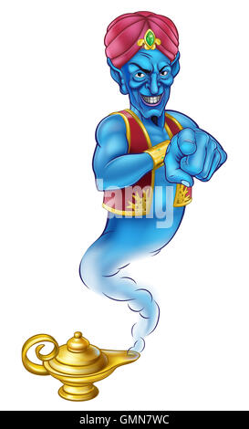 An evil looking genie cartoon character like in the story of Aladdin coming out of a magic lamp and pointing Stock Photo