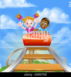 Cartoon boy and girl riding on a roller coaster ride at a theme park or amusement park Stock Photo