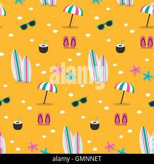 Summer seamless pattern, beach basic elements in flat style Stock Vector
