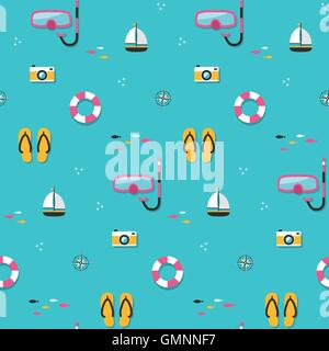 Summer seamless pattern, beach basic elements in flat style Stock Vector