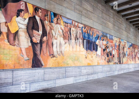 Mural by Max Lingner depicts Socialist Ideal on wall of Bundesfinanzministerium, German Ministry of Finance building. Berlin Stock Photo