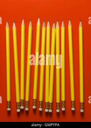 Pencils on a line on a red background Stock Photo