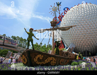 Orlando, Florida. May 21st, 2007. The front display for the Epcot Flower and Garden Festival, showing Peter Pan characters Stock Photo