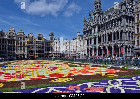 Tourists look at Flower Carpet on Grand Place in Brussels, Belgium on Saturday, August 13, 2016. This time the Japanese theme wa Stock Photo