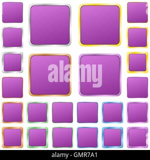 Purple blank square metal button set Stock Vector