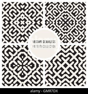 Set of Four Vector Seamless Black And White Ethnic Geometric Blocks Pattern Stock Vector