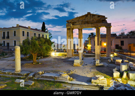 Remains of the Gate of Athena Archegetis and Roman Agora in Athens, Greece. Stock Photo