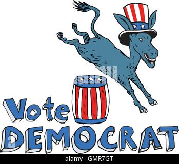 Vote Democrat Donkey Mascot Jumping Over Barrel Cartoon Stock Vector