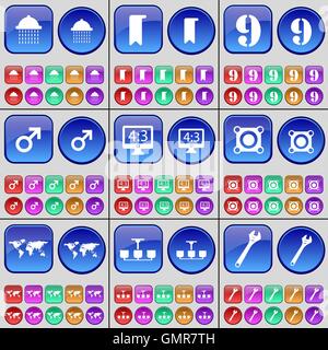 Shower, Marker, Nine, Mars symbol, Monitor, Speaker, Globe, Chandelier, Wrench. A large set of multi-colored buttons. Vector Stock Vector