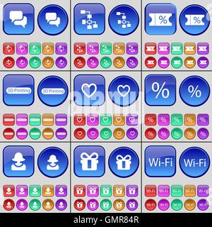Chat, Network, Ticket, 3D Printing, Heart, Percent, Avatar, Gift, Wi-Fi. A large set of multi-colored buttons. Vector Stock Vector