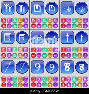 Silhouette, File, Like, Calculator, Swing, Pipette, Seven, Nine, Medal. A large set of multi-colored buttons. Vector Stock Vector