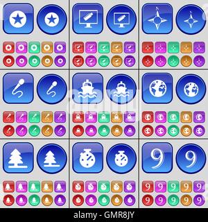 Star, Monitor, Compass, Microphone, Ship, Earth, Fir tree, Stopwatch, Nine. A large set of multi-colored buttons. Vector Stock Vector