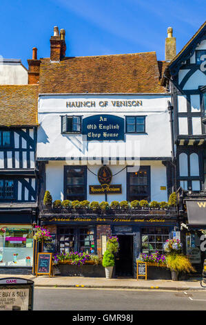 The exterior of the half-timbered historic 'Haunch of Venison' public house in the center of Salisbury, Wiltshire, England Stock Photo