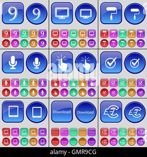 Nine, Monitor, Roller, Microphone, Touch, Tick, Tablet, Download, Euro. A large set of multi-colored buttons. Vector Stock Vector