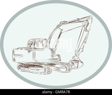 Mechanical Digger Excavator Oval Etching Stock Vector