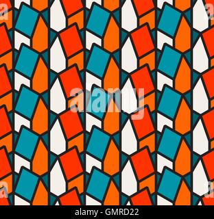 Vector Seamless Isometric Houses Pattern In Teal White and Orange With Black Outlines Stock Vector