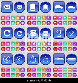 Message, Battery, Car, Reload, Database, Two, Arrow left, Like, 3D Printing. A large set of multi-colored buttons. Vector Stock Vector