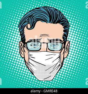 Retro Emoji sore virus infection medical mask face man Stock Vector