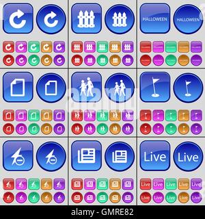 Reload, Fence, Halloween, File, Silhoutte, Golf hole, Flash, Newspaper, Live. A large set of multi-colored buttons. Vector Stock Vector
