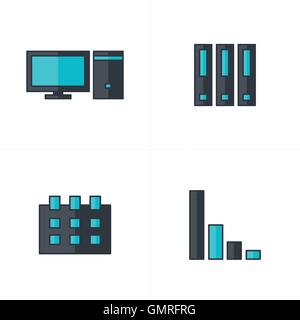 computer, file, calendar, graph icons black and blue Stock Vector